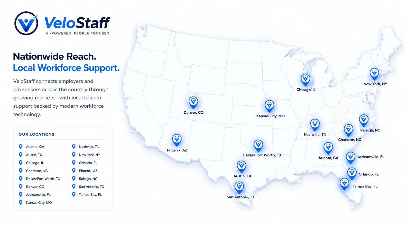 VeloStaff market map with connected staffing locations